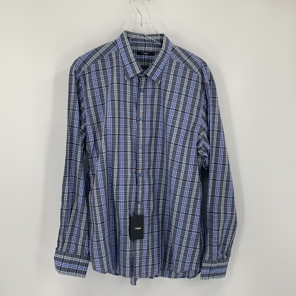 Z Zegna cotton button front plaid shirt long sleeve blue gray men new XXL 2XL - Picture 1 of 4
